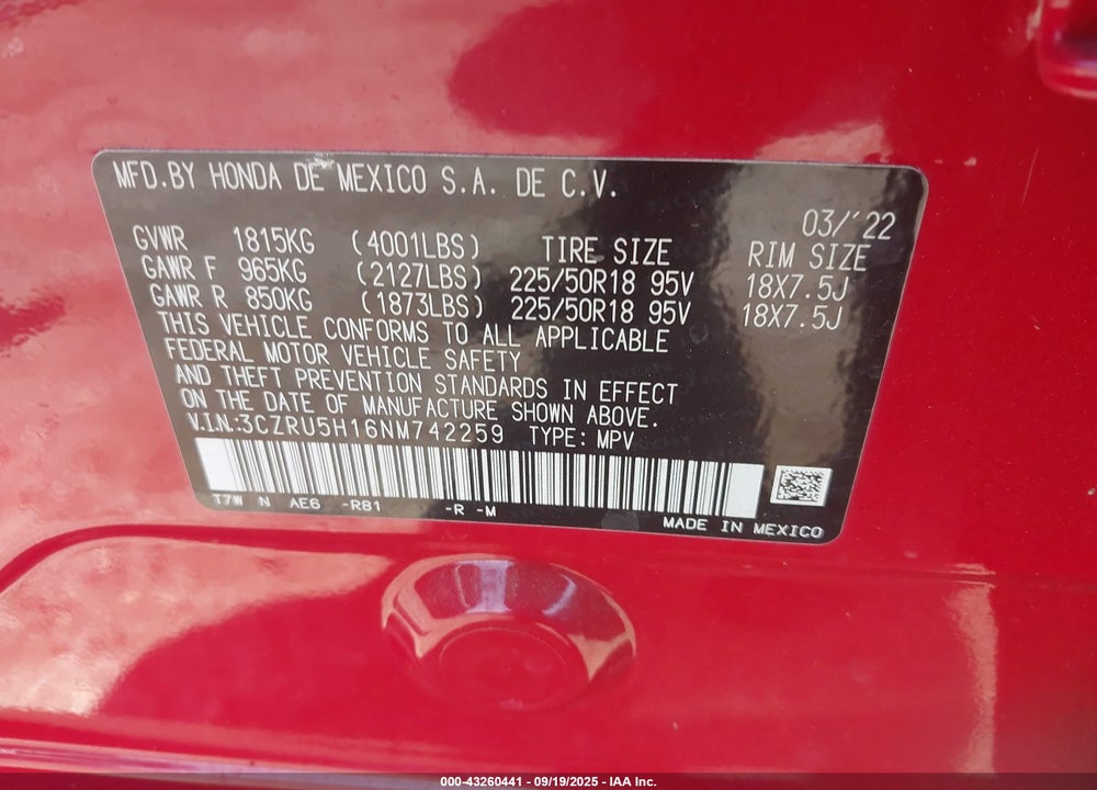 2022 HONDA HR-V 2WD SPORT VIN: 3CZRU5H16NM742259