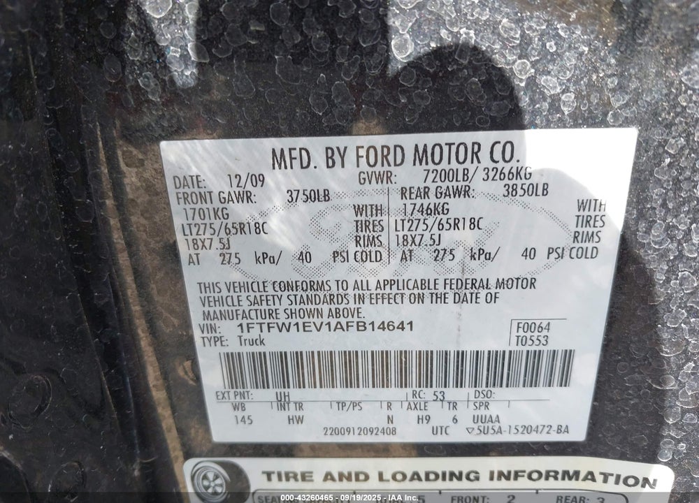 2010 FORD F-150 VIN: 1FTFW1EV1AFB14641