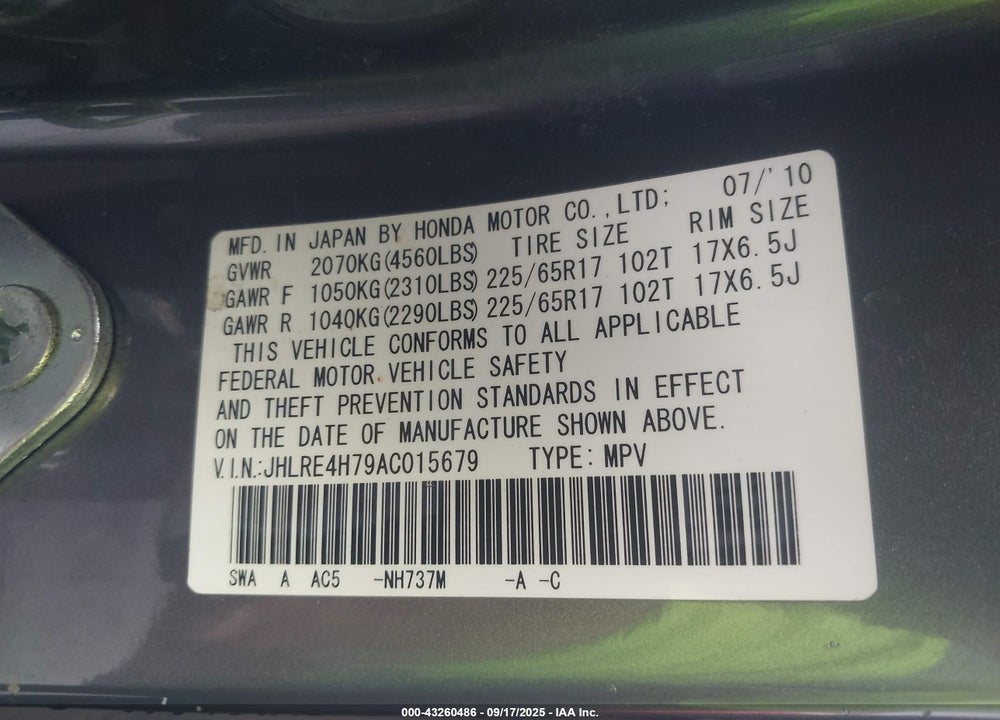 2010 HONDA CR-V EX-L VIN: JHLRE4H79AC015679