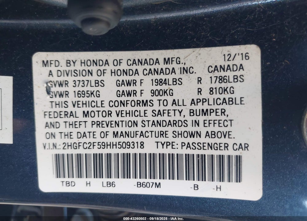 2017 HONDA CIVIC VIN: 2HGFC2F59HH509318