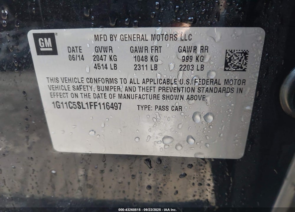 2015 CHEVROLET MALIBU VIN: 1G11C5SL1FF116497