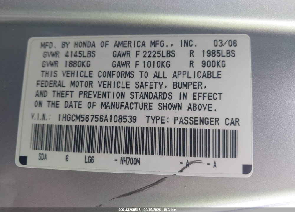 2006 HONDA ACCORD 2.4 EX VIN: 1HGCM56756A108539