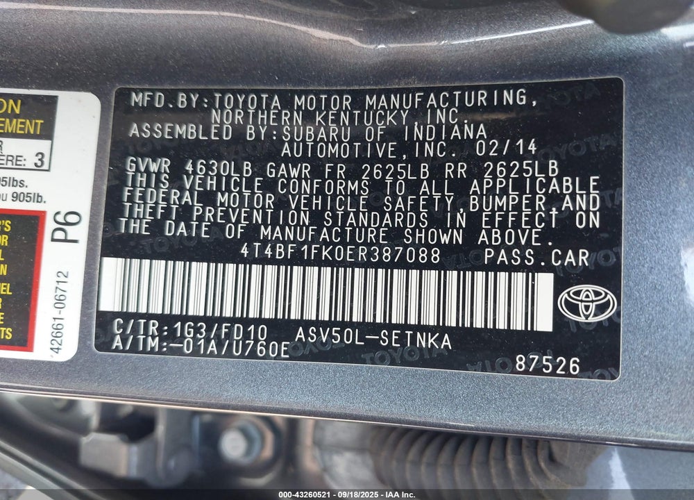 2014 TOYOTA CAMRY VIN: 4T4BF1FK0ER387088