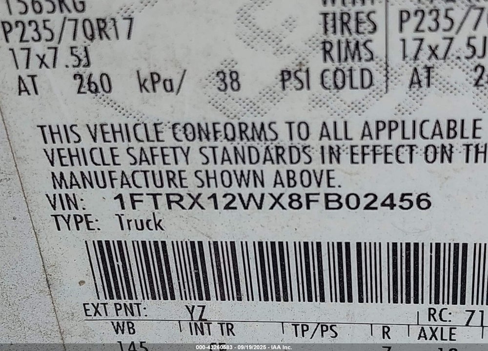 2008 FORD F-150 FX2/STX/XL/XLT VIN: 1FTRX12WX8FB02456