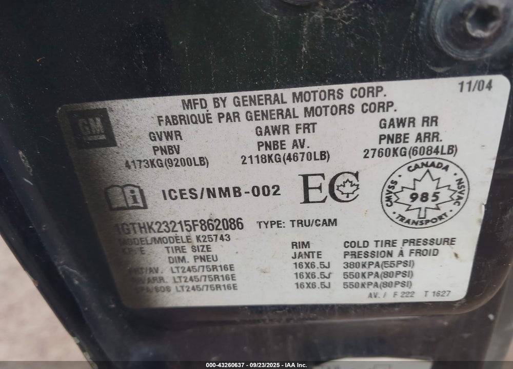 2005 GMC SIERRA K2500 HEAVY DUTY VIN: 1GTHK23215F862086