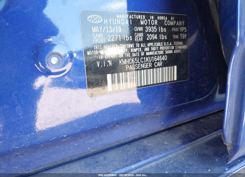 2019 HYUNDAI IONIQ HYBRID BLUE VIN: KMHC65LC1KU164640