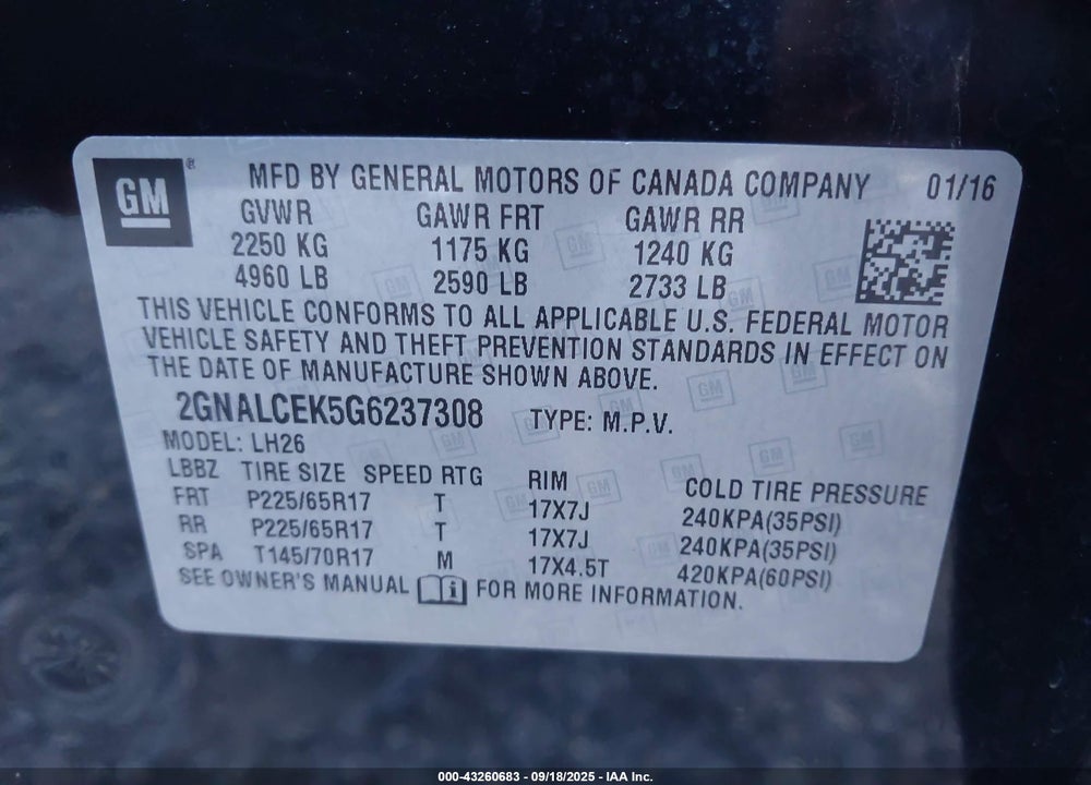 2016 CHEVROLET EQUINOX LT VIN: 2GNALCEK5G6237308