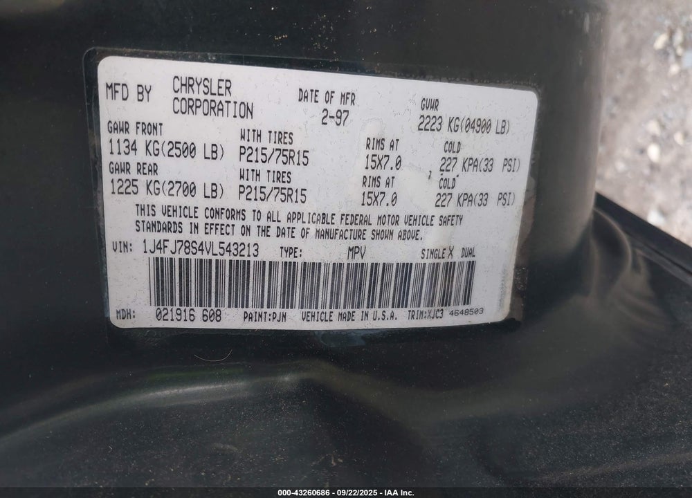 1997 JEEP CHEROKEE COUNTRY VIN: 1J4FJ78S4VL543213