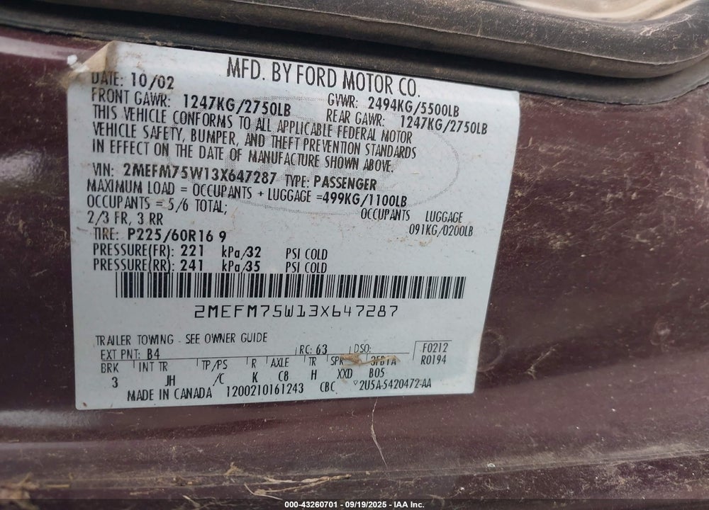 2003 MERCURY GRAND MARQUIS LS VIN: 2MEFM75W13X647287
