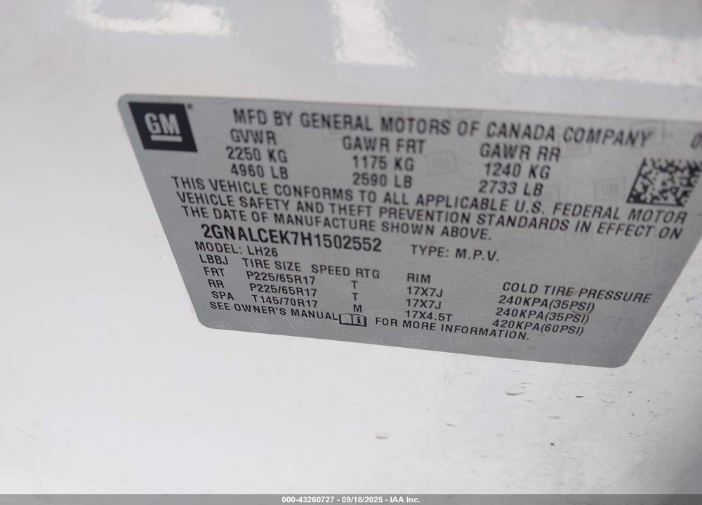 2017 CHEVROLET EQUINOX LT VIN: 2GNALCEK7H1502552