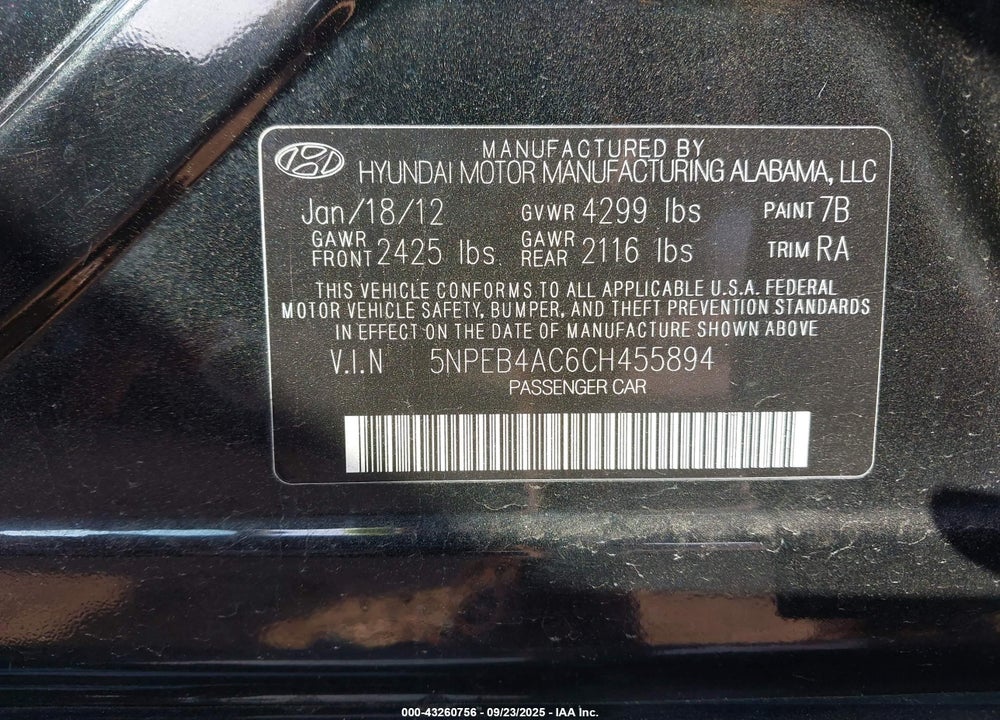 2012 HYUNDAI SONATA VIN: 5NPEB4AC6CH455894