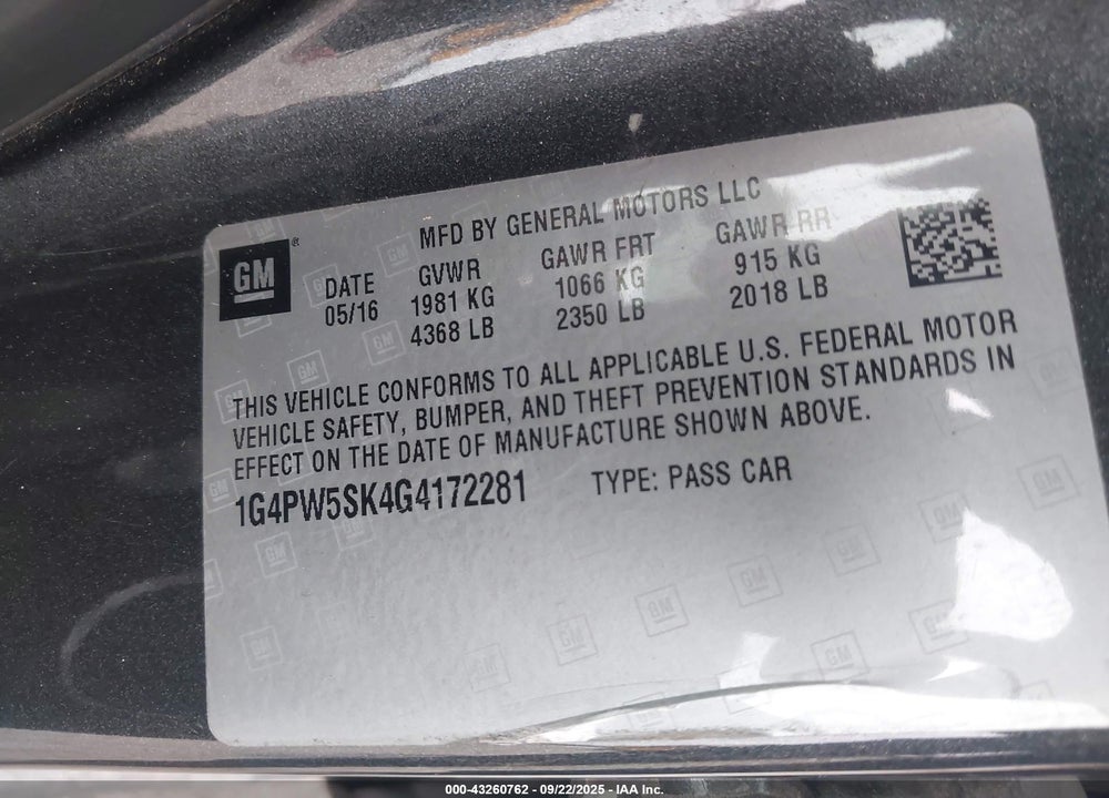 2016 BUICK VERANO SPORT TOURING GROUP VIN: 1G4PW5SK4G4172281