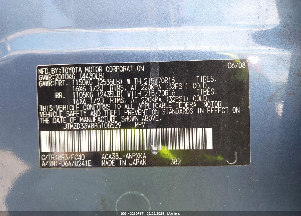 2008 TOYOTA RAV4 VIN: JTMZD33V885108529