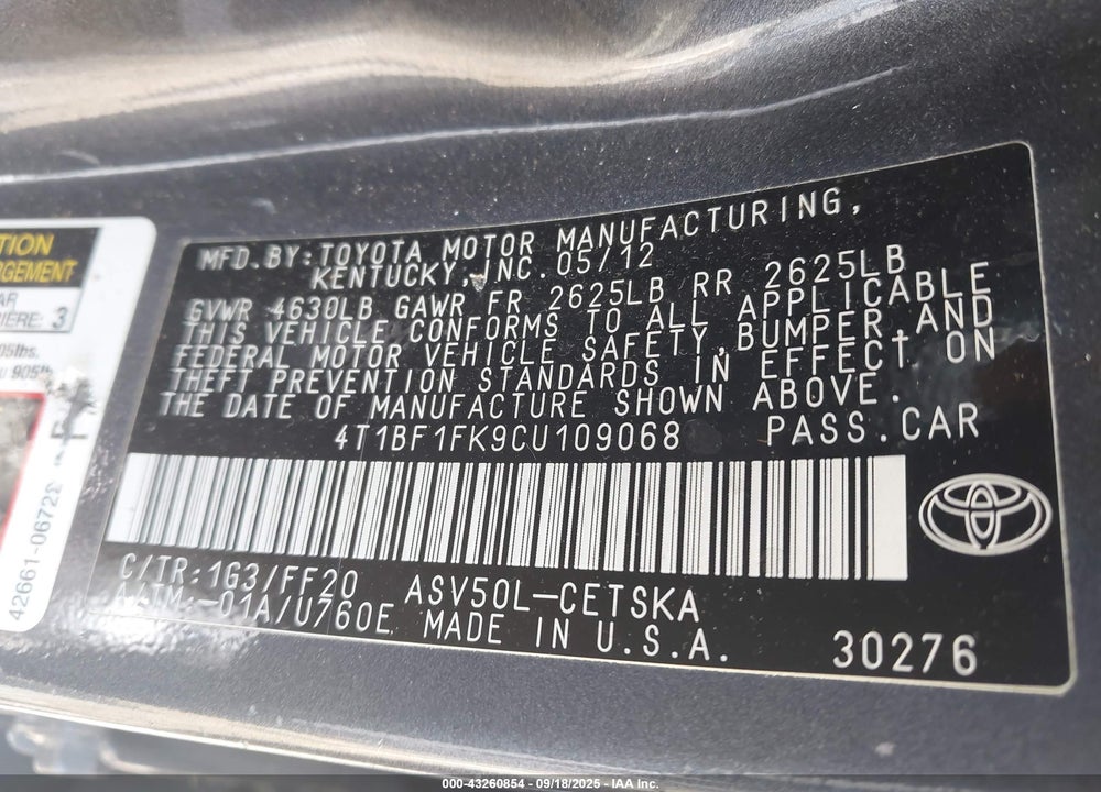 2012 TOYOTA CAMRY VIN: 4T1BF1FK9CU109068