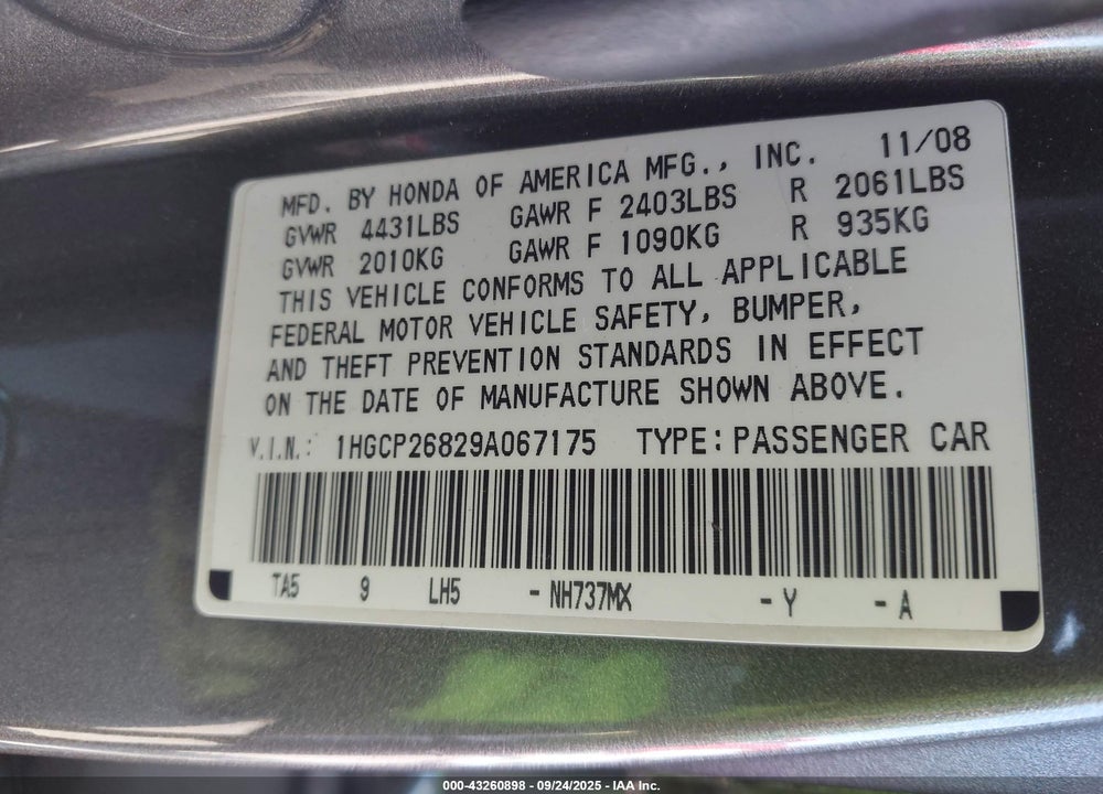 2009 HONDA ACCORD VIN: 1HGCP26829A067175