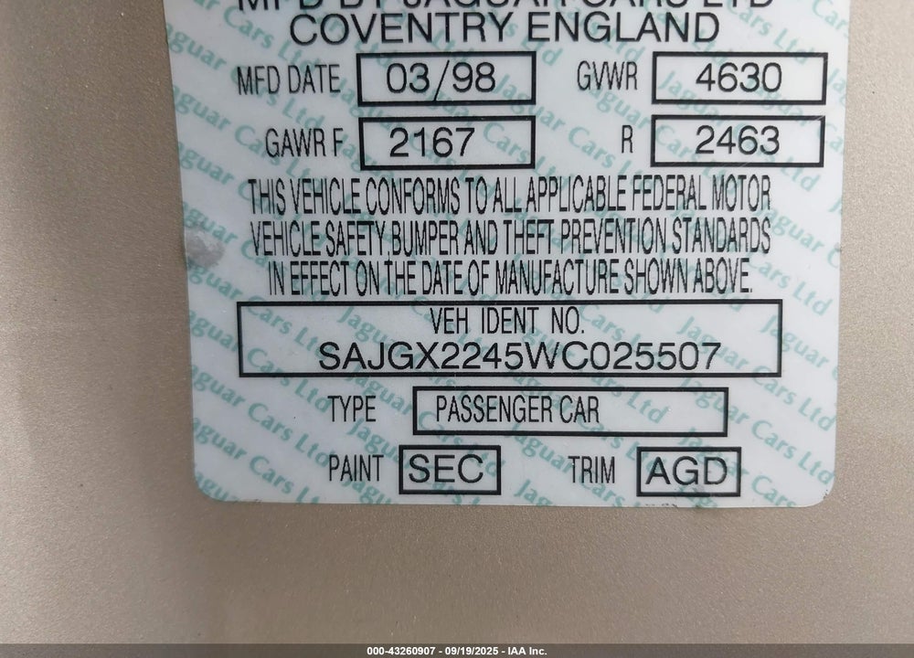 1998 JAGUAR XK8 VIN: SAJGX2245WC025507