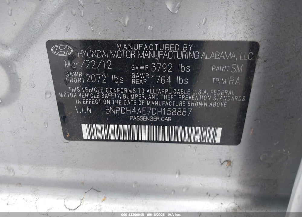 2013 HYUNDAI ELANTRA GLS VIN: 5NPDH4AE7DH158887