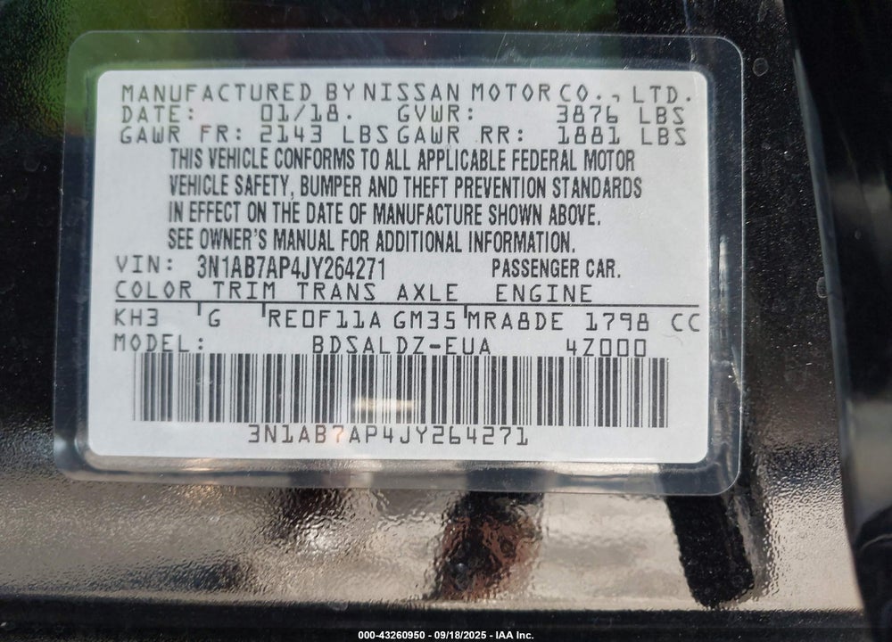2018 NISSAN SENTRA VIN: 3N1AB7AP4JY264271