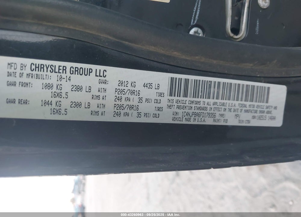2015 JEEP PATRIOT VIN: 1C4NJPBA6FD179356