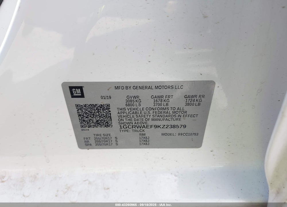 2019 CHEVROLET SILVERADO 1500 WORK TRUCK VIN: 1GCRWAEF9KZ238579