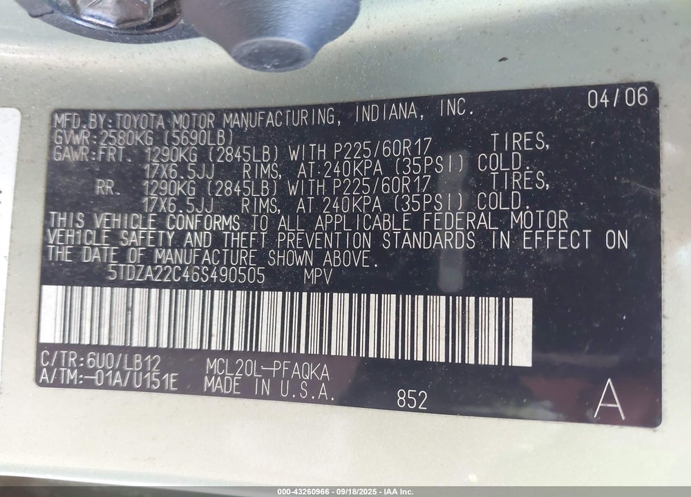 2006 TOYOTA SIENNA XLE LIMITED VIN: 5TDZA22C46S490505