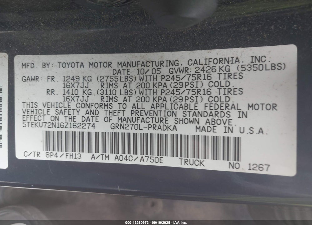 2006 TOYOTA TACOMA PRERUNNER V6 VIN: 5TEKU72N16Z162274