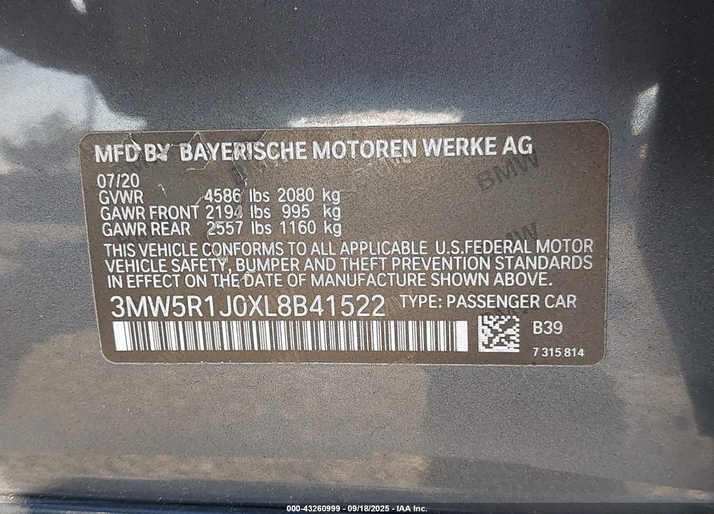 2020 BMW 3 SERIES VIN: 3MW5R1J0XL8B41522