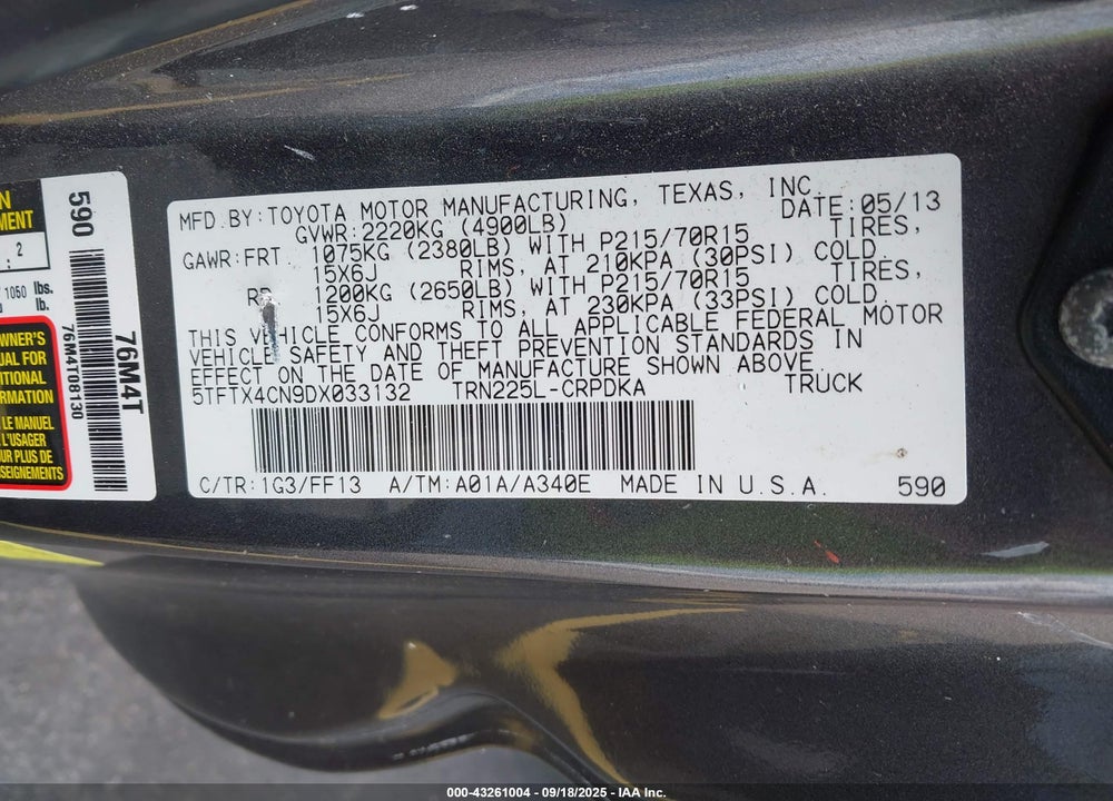 2013 TOYOTA TACOMA VIN: 5TFTX4CN9DX033132
