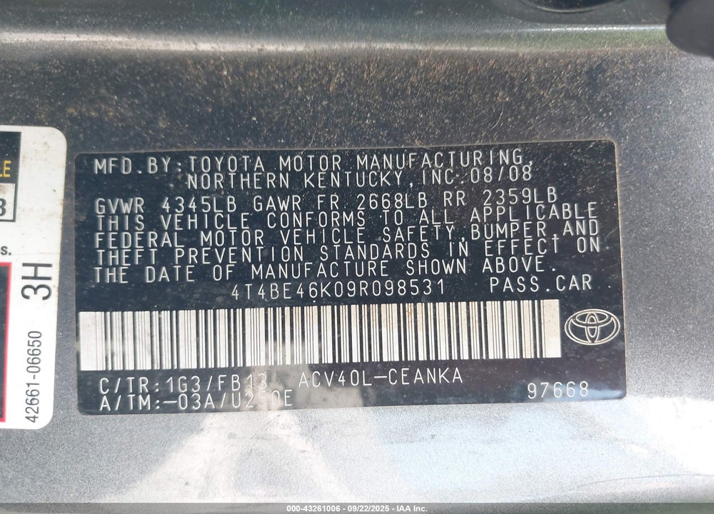 2009 TOYOTA CAMRY VIN: 4T4BE46K09R098531