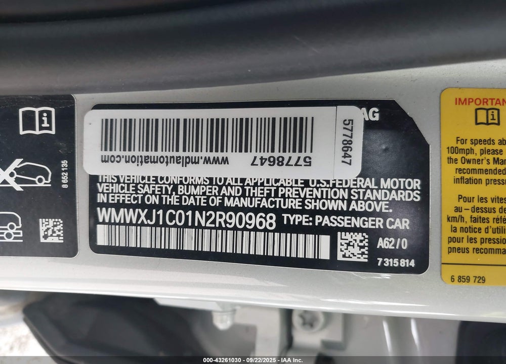 2022 MINI COOPER CLUBMAN VIN: WMWXJ1C01N2R90968