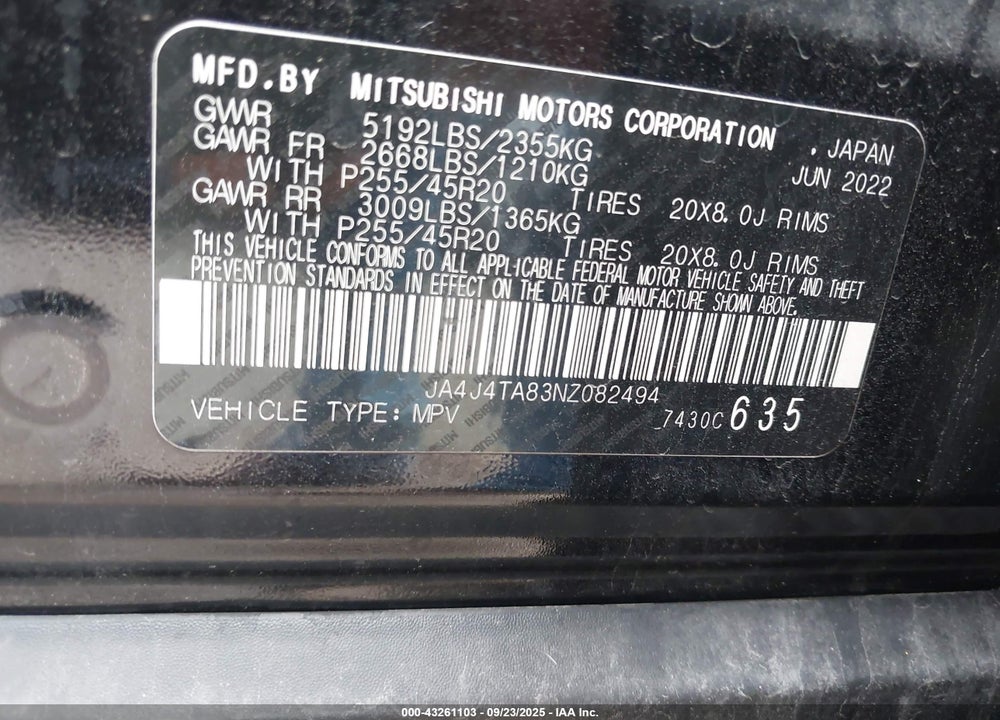 2022 MITSUBISHI OUTLANDER VIN: JA4J4TA83NZ082494