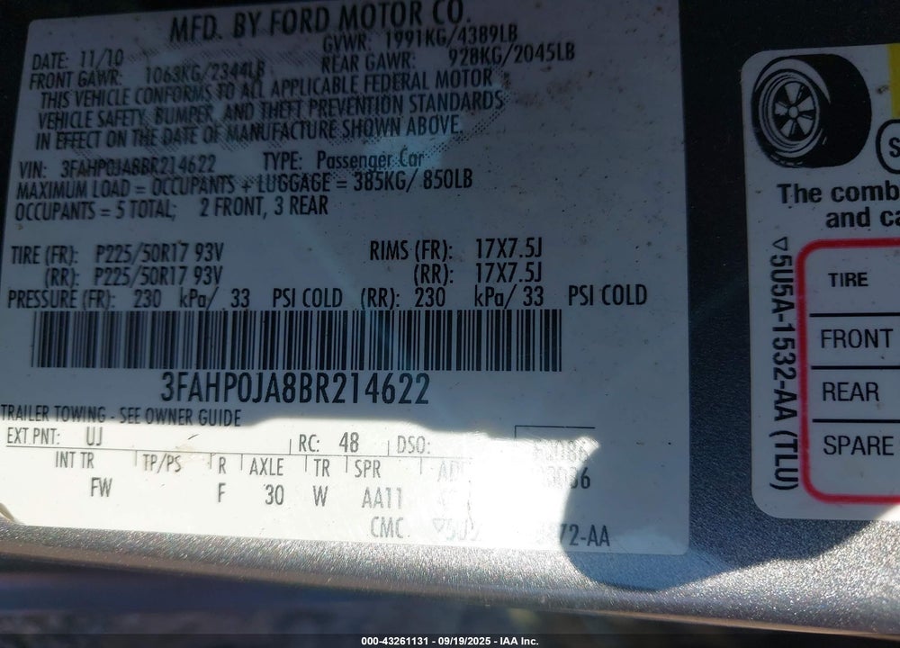 2011 FORD FUSION VIN: 3FAHP0JA8BR214622