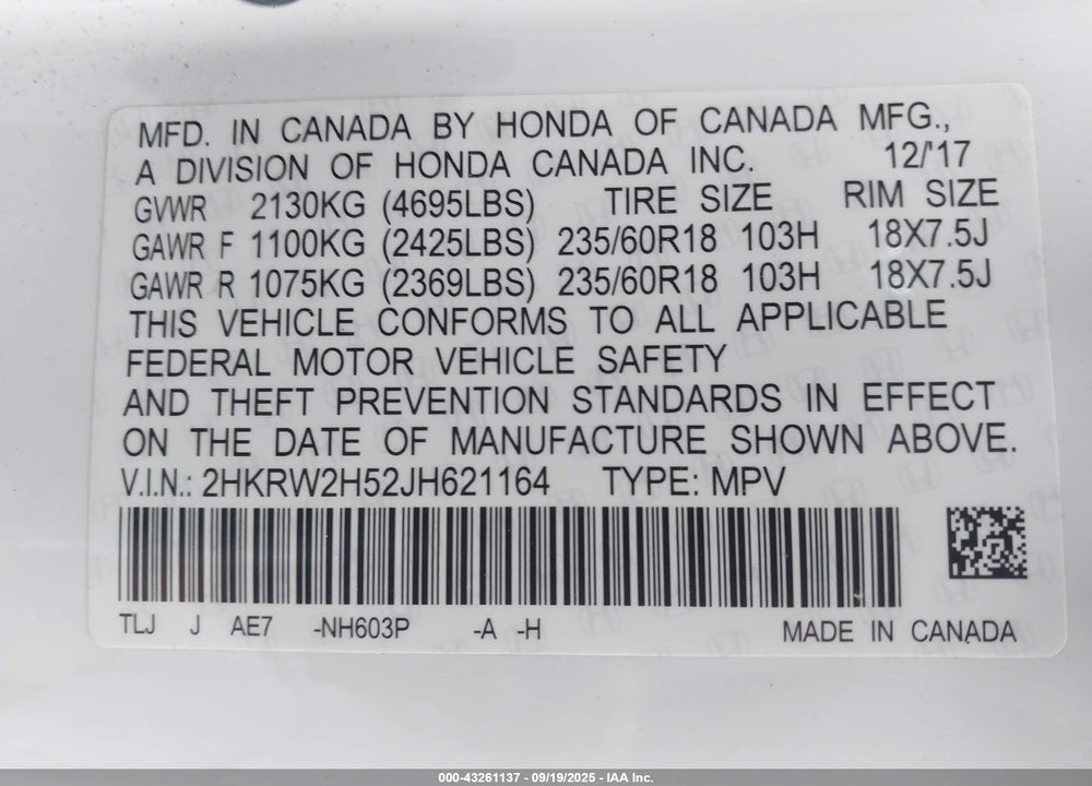 2018 HONDA CRV VIN: 2HKRW2H52JH621164
