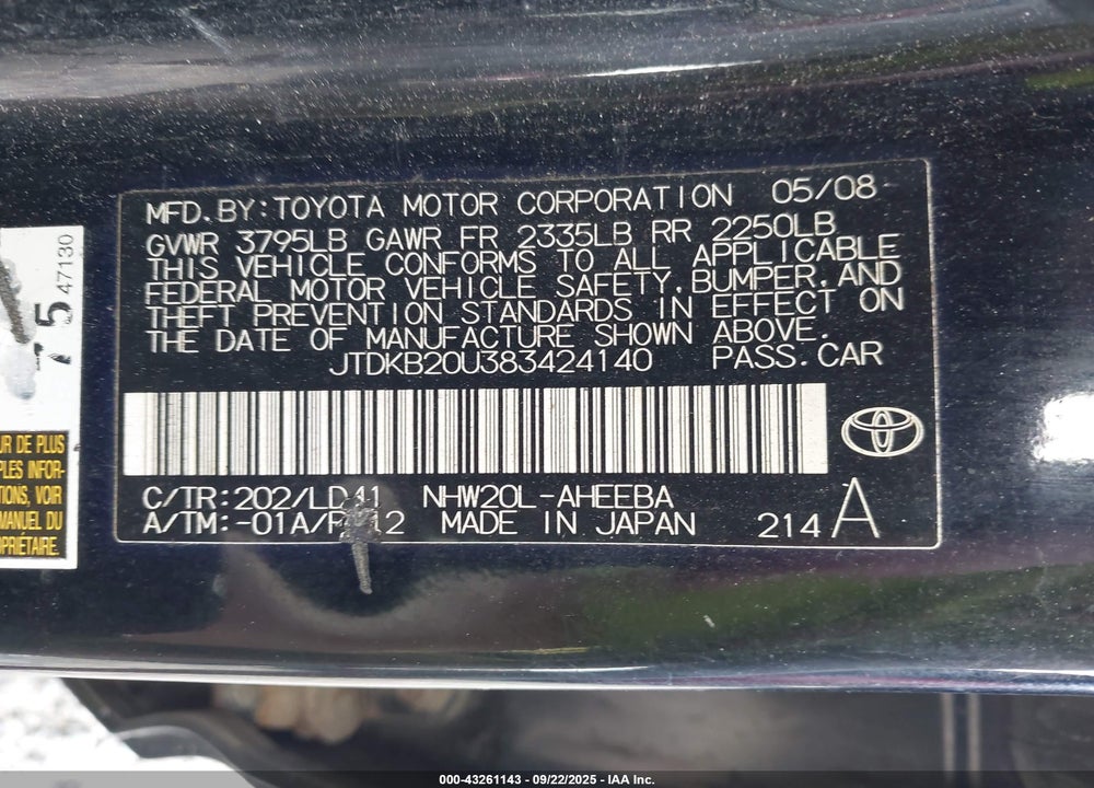2008 TOYOTA PRIUS VIN: JTDKB20U383424140