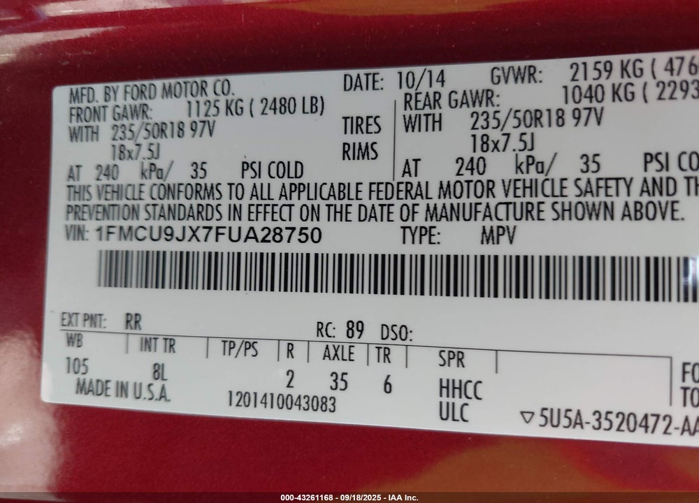 2015 FORD ESCAPE VIN: 1FMCU9JX7FUA28750