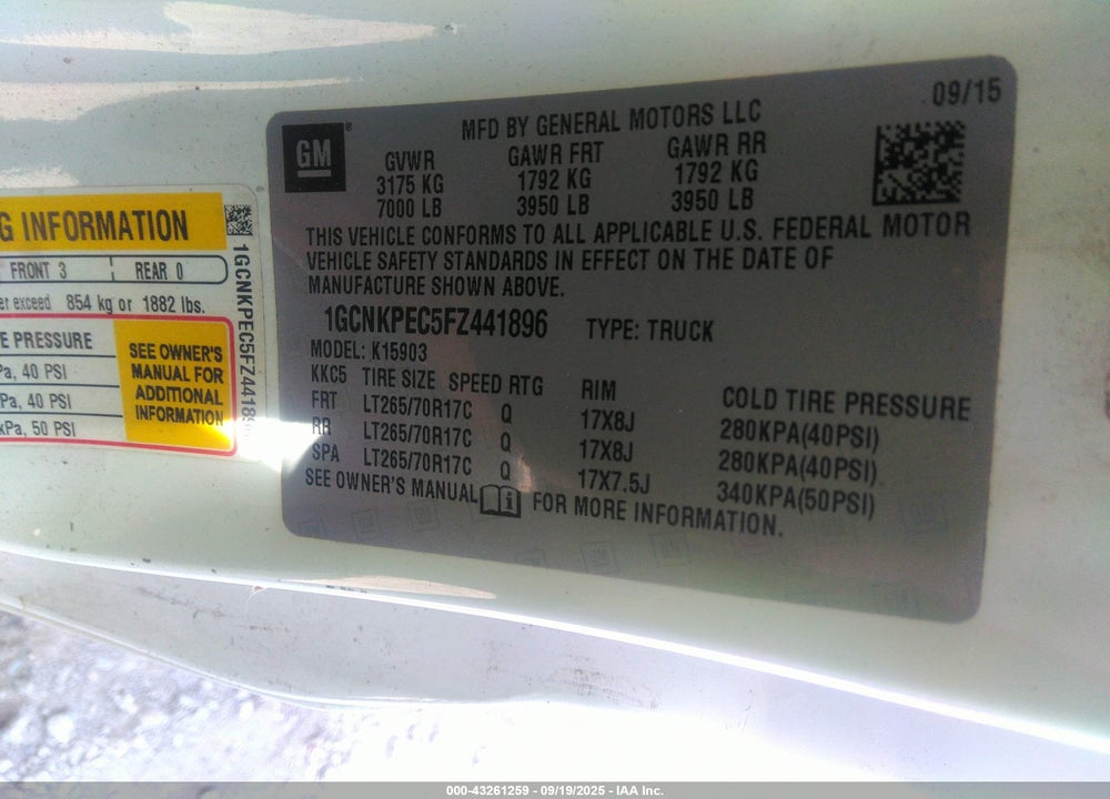 2015 CHEVROLET SILVERADO 1500 VIN: 1GCNKPEC5FZ441896