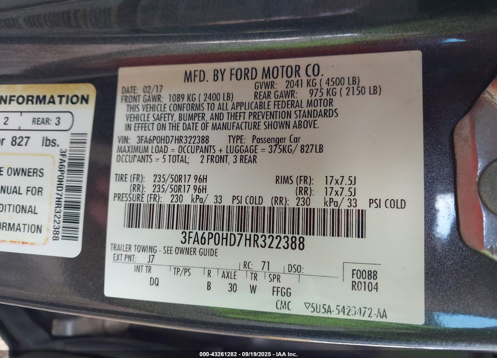 2017 FORD FUSION SE VIN: 3FA6P0HD7HR322388