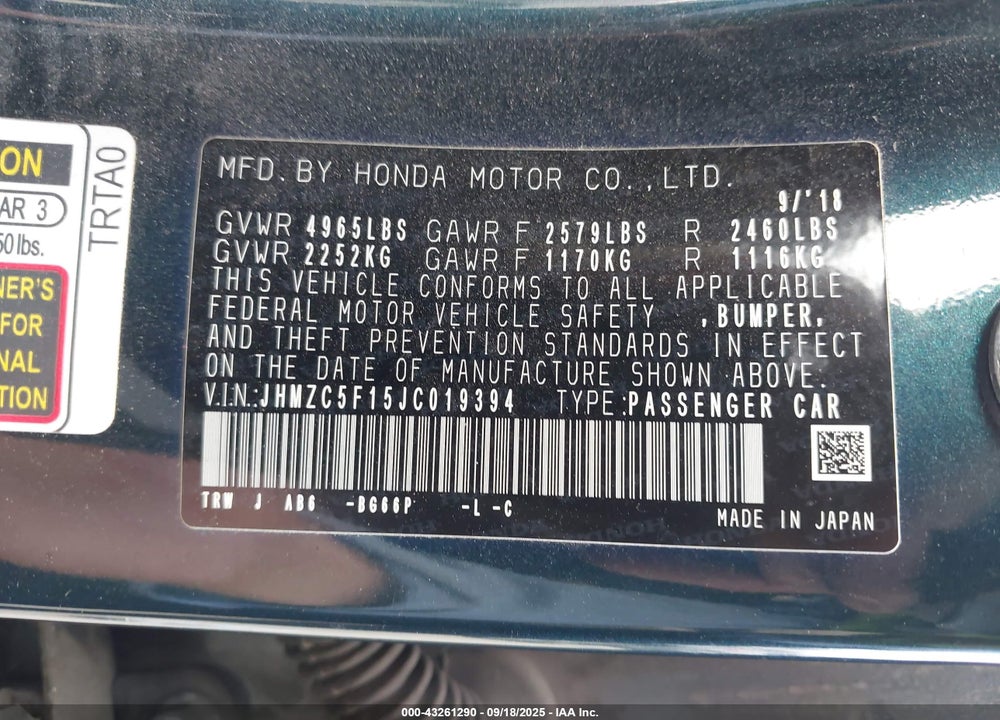2018 HONDA CLARITY PLUG-IN HYBRID VIN: JHMZC5F15JC019394
