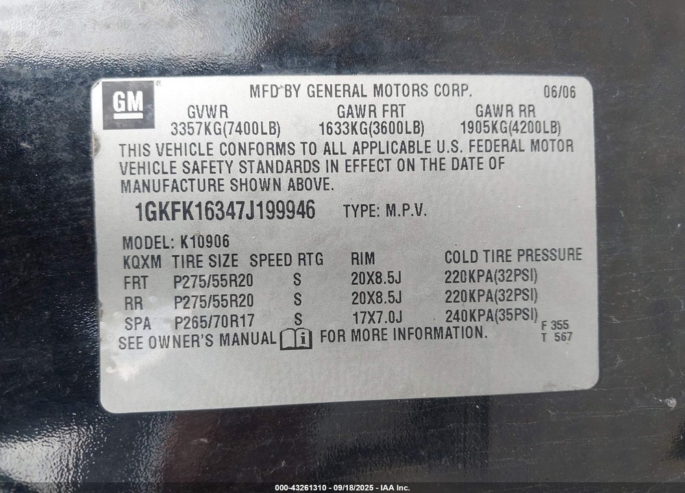 2007 GMC YUKON XL 1500 SLT VIN: 1GKFK16347J199946