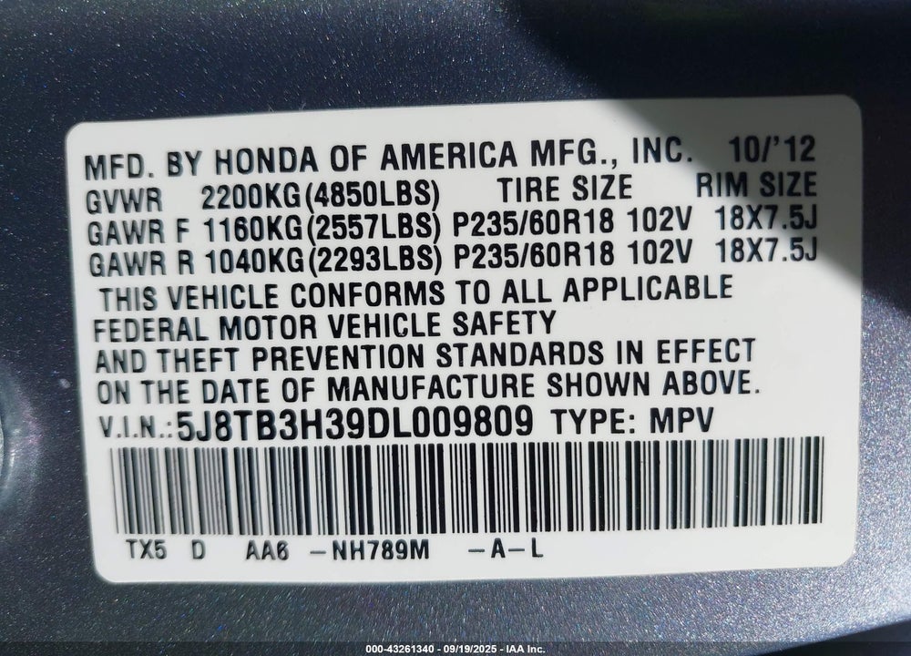 2013 ACURA RDX VIN: 5J8TB3H39DL009809