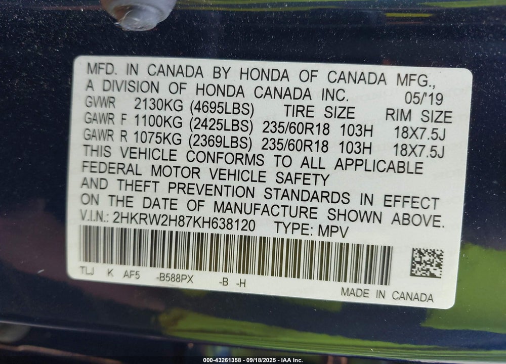 2019 HONDA CR-V VIN: 2HKRW2H87KH638120