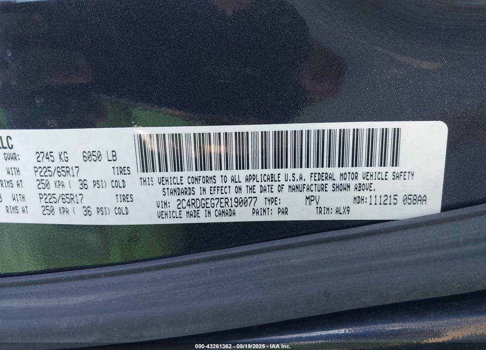 2014 DODGE GRAND CARAVAN VIN: 2C4RDGEG7ER190077