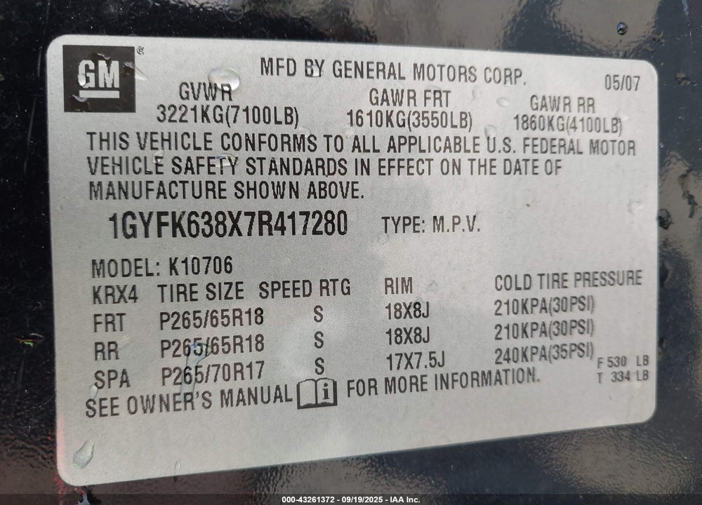 2007 CADILLAC ESCALADE STANDARD VIN: 1GYFK638X7R417280