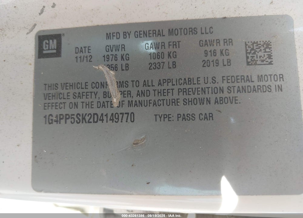 2013 BUICK VERANO VIN: 1G4PP5SK2D4149770