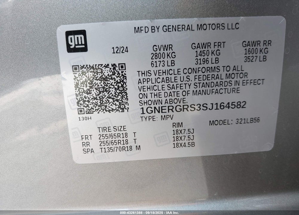 2025 CHEVROLET TRAVERSE VIN: 1GNERGRS3SJ164582
