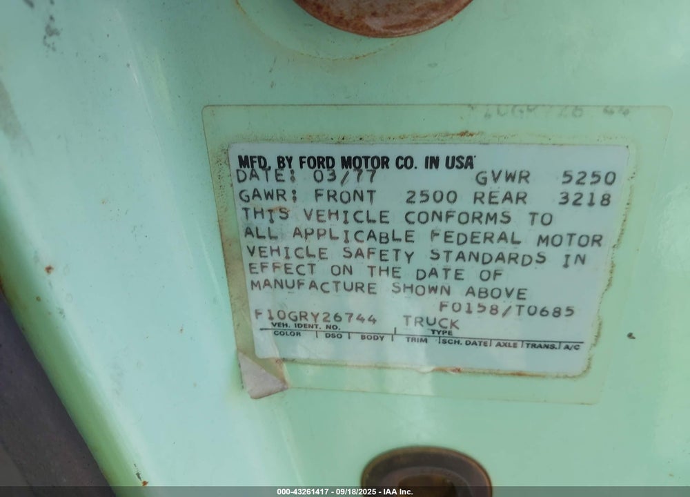 1977 FORD F100 VIN: F10GRY26744