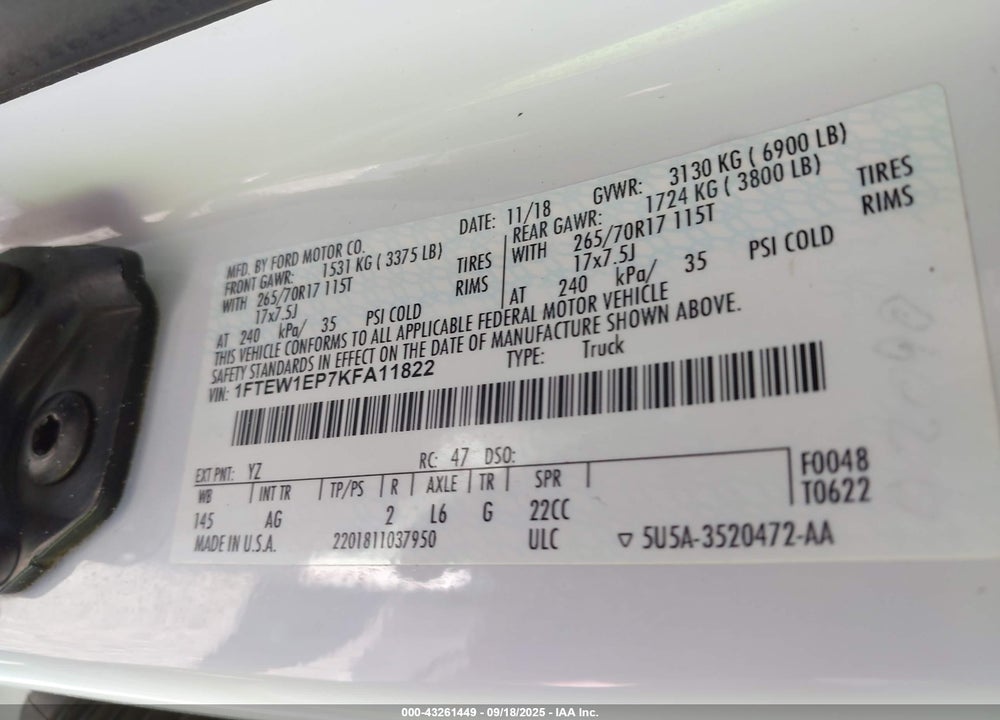 2019 FORD F-150 VIN: 1FTEW1EP7KFA11822
