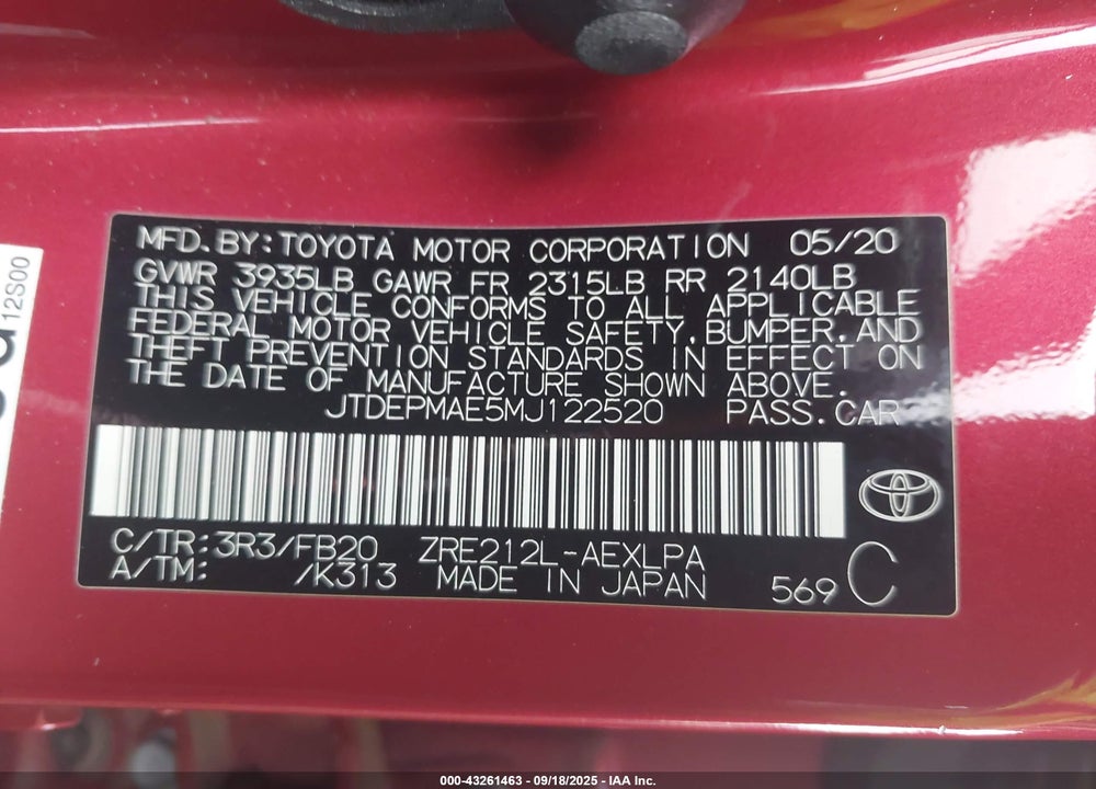 2021 TOYOTA COROLLA VIN: JTDEPMAE5MJ122520