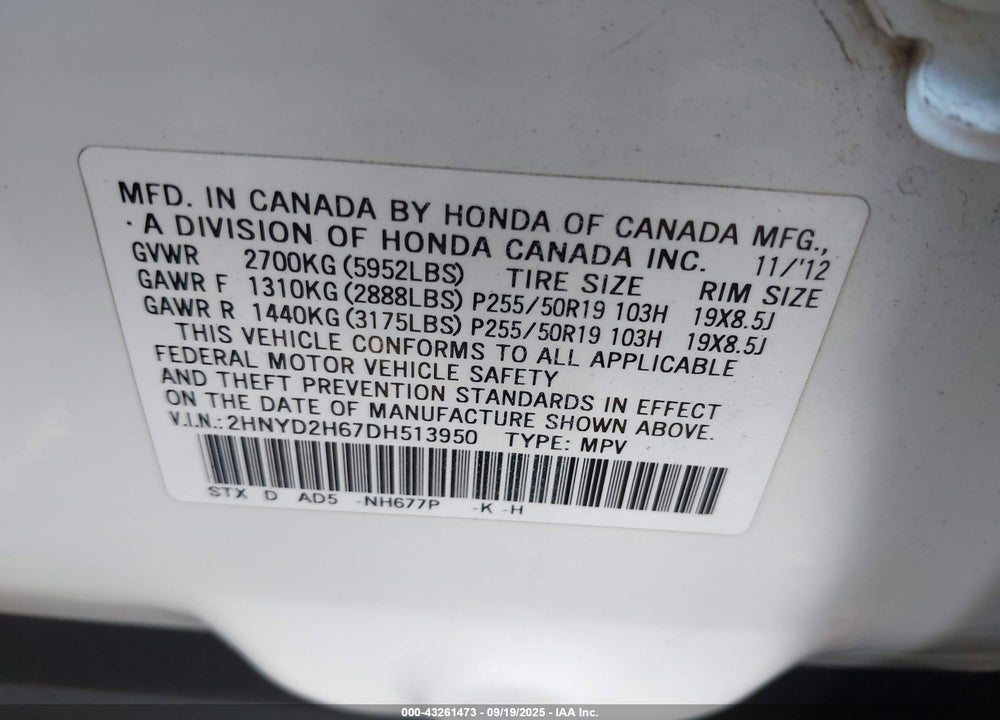 2013 ACURA MDX VIN: 2HNYD2H67DH513950