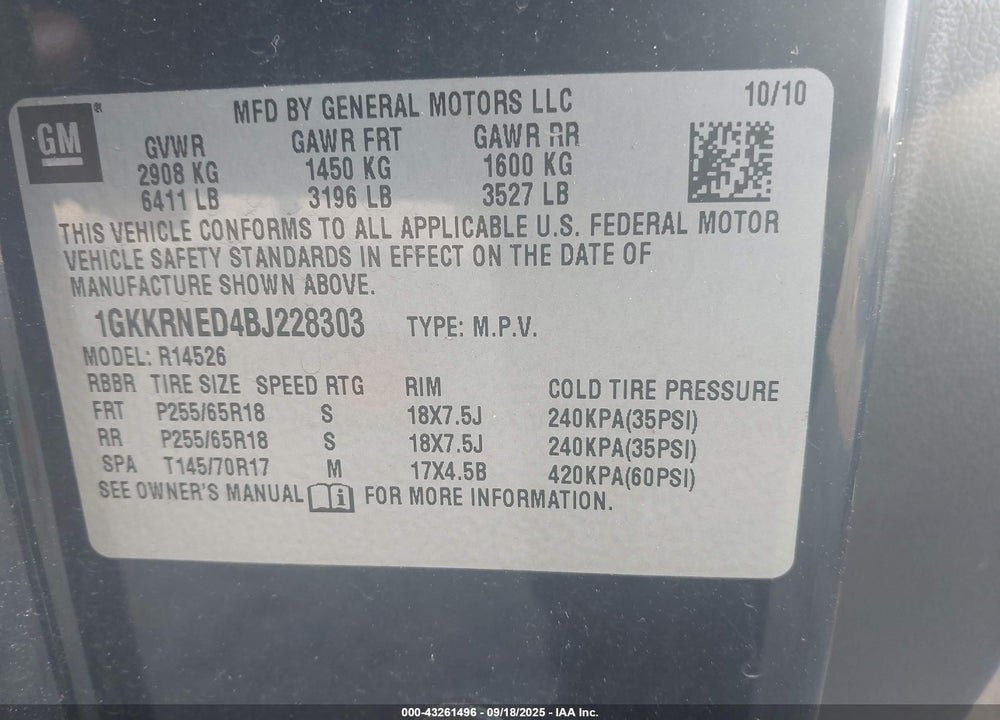 2011 GMC ACADIA VIN: 1GKKRNED4BJ228303